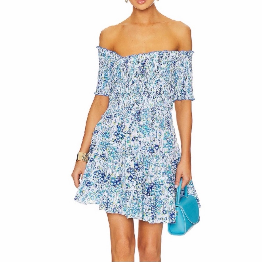 Poupette St. Barth Blue & White Floral Off-Shoulder Mini Dress Size XSmall